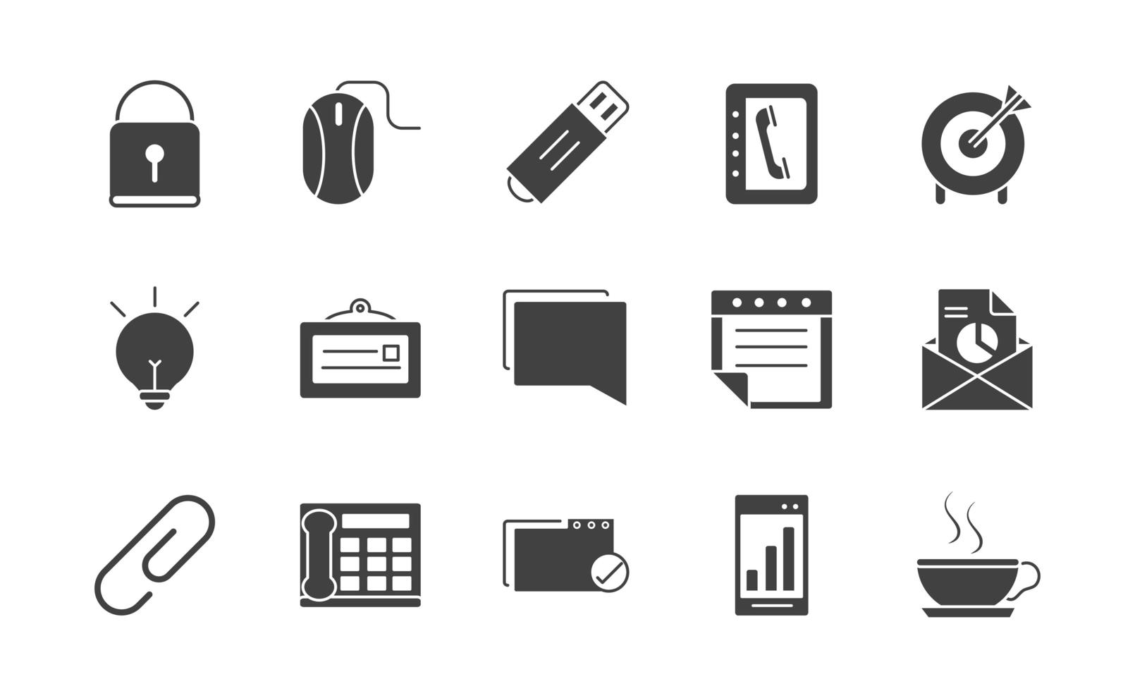 Pack of office supplies and stationery silhouette icons vector