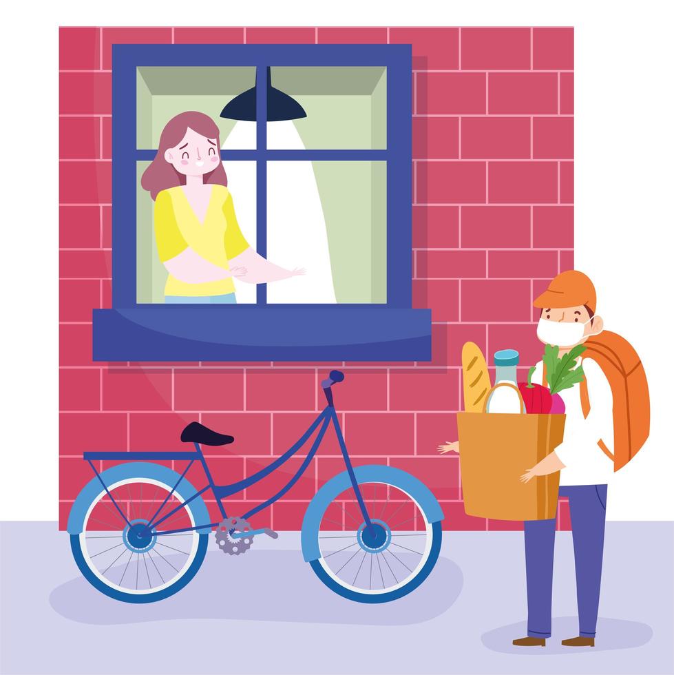 Bike courier man safely delivering groceries to a woman at home vector