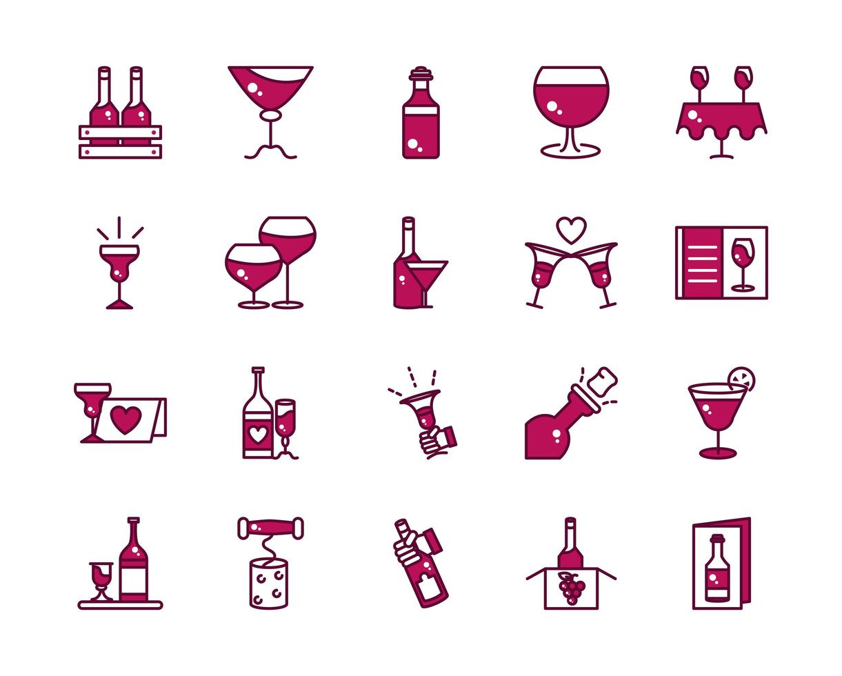 Wine and beverage celebration line and fill icon collection vector
