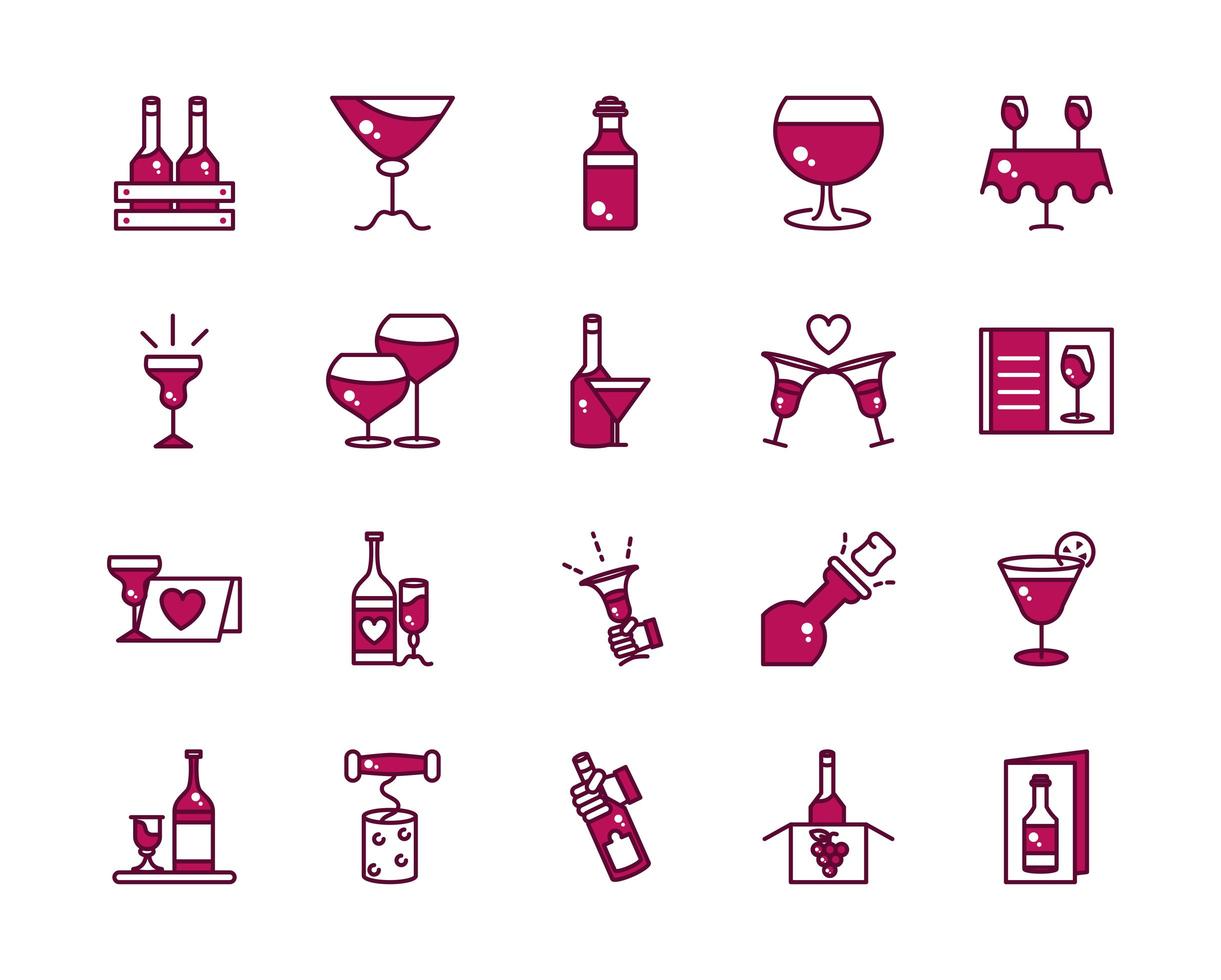 línea de celebración de vino y bebida y colección de iconos de relleno vector