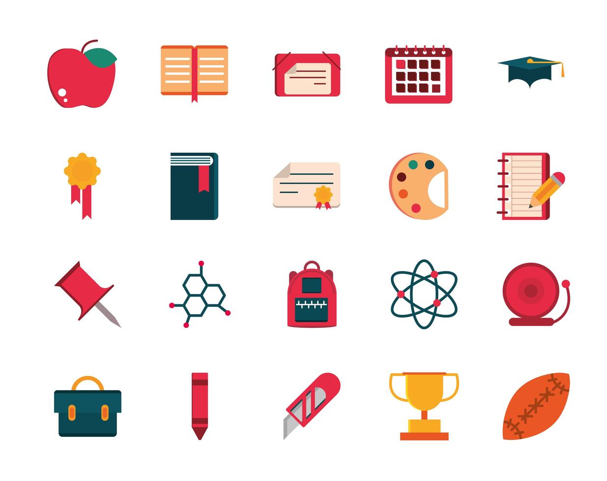 Collection of school supplies and stationery flat design icons vector