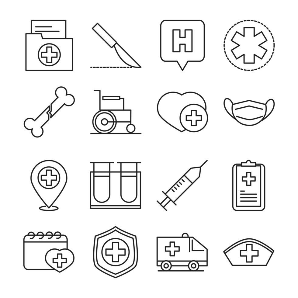Assortment of medical and hospital pictogram line-style icons vector