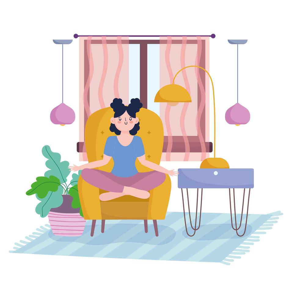 Girl in living room meditating on a chair next do a plant vector