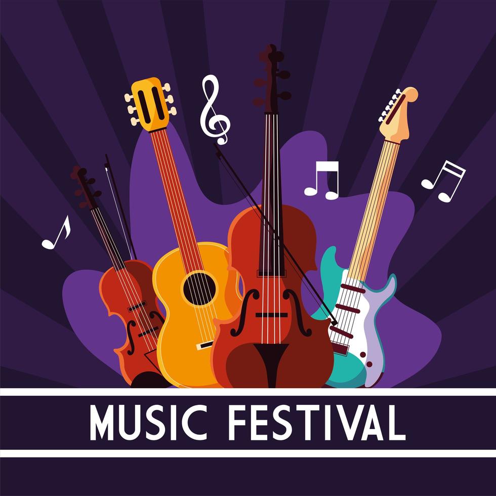 Music festival poster with stringed musical instruments and notes vector