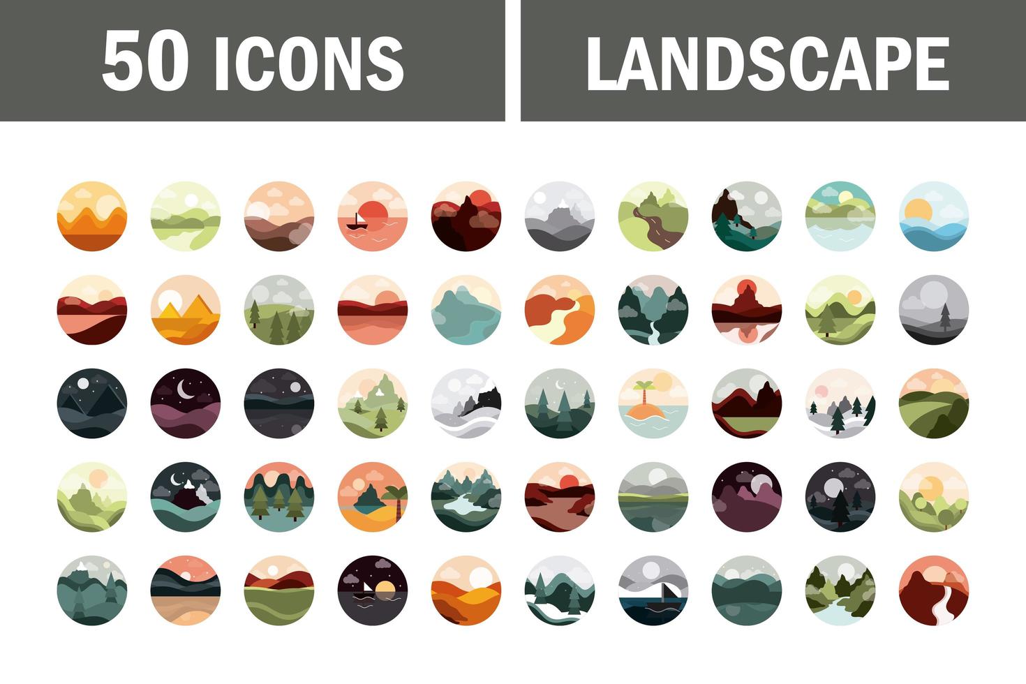 Landscape and nature circular icon set vector