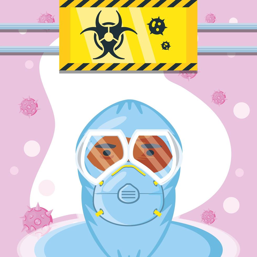 Man in protective suit and coronavirus biohazard sign  vector