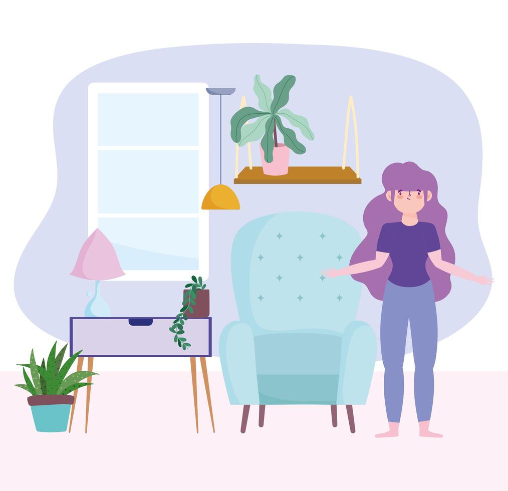 Young woman in living room self isolating vector