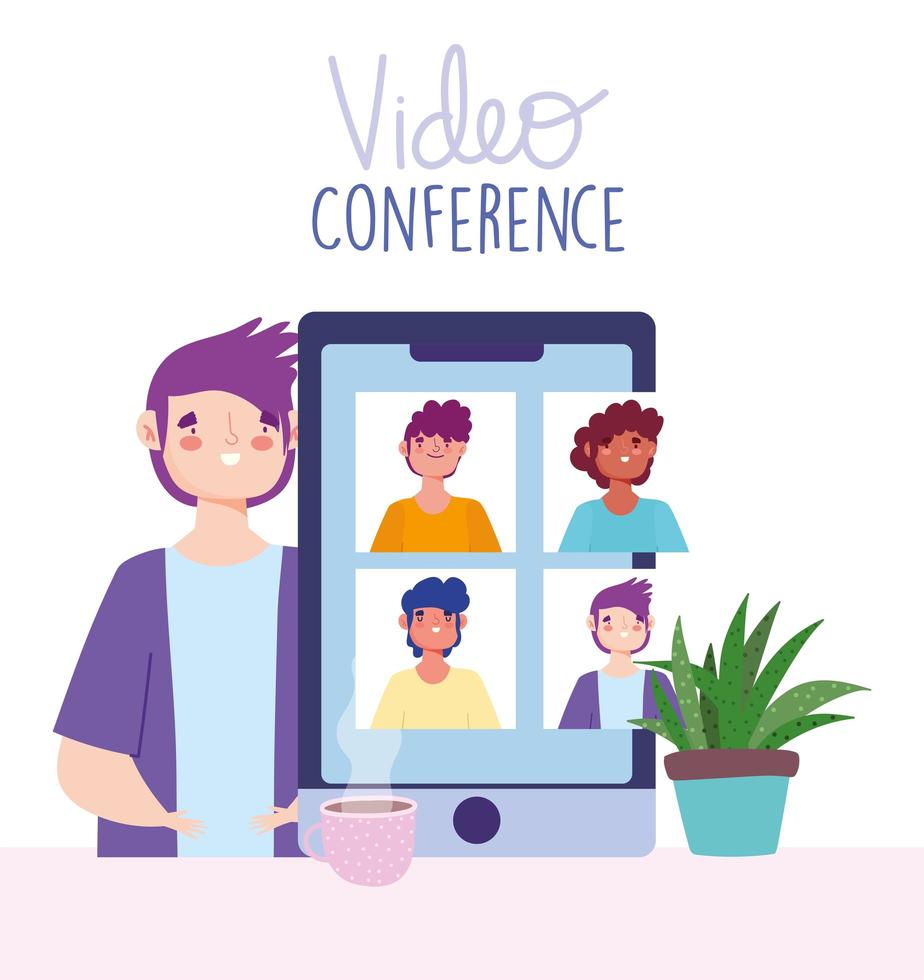 Video conference and virtual meeting via smartphone banner template vector