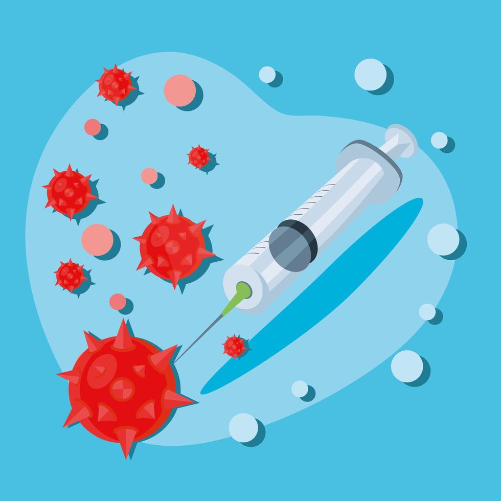 infografía con jeringa médica e icono de infección por coronavirus vector