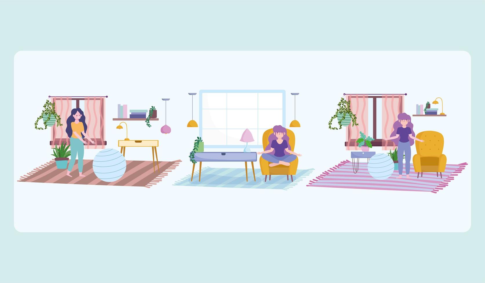 Women doing quarantine activities indoors set vector