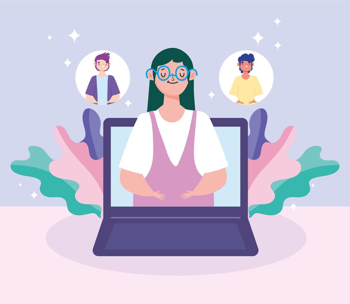 Woman in the notebook screen talking with people on a online meeting vector