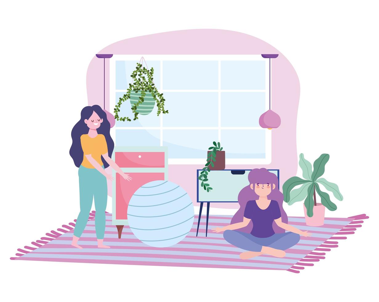 Girls doing quarantine activities indoors vector