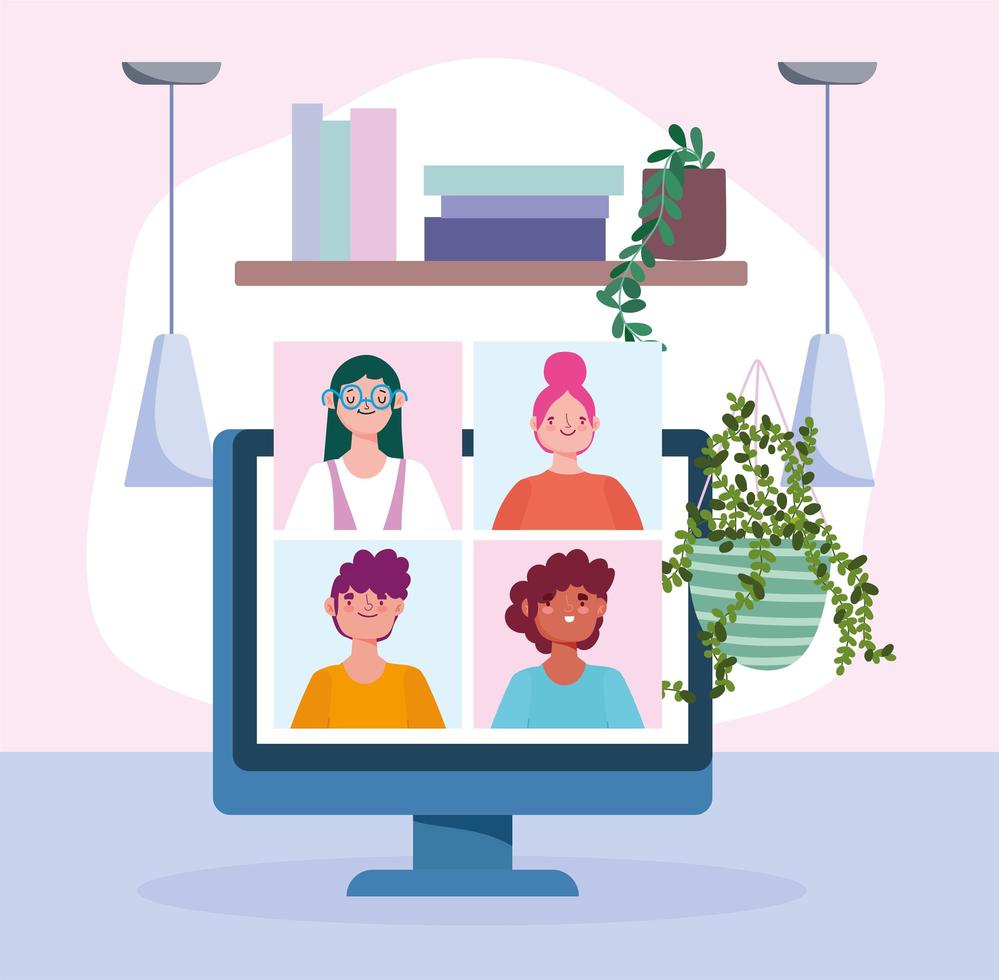 Computer with people on a online meeting or conference vector illustration