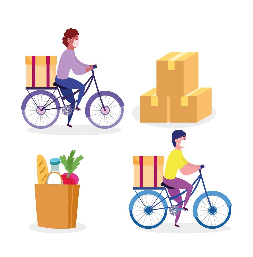 Set of bike courier workers with packages and a bag of groceries icons vector