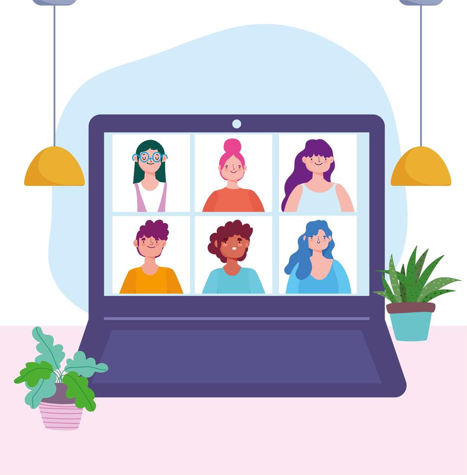 Laptop with people on a online meeting or conference  vector