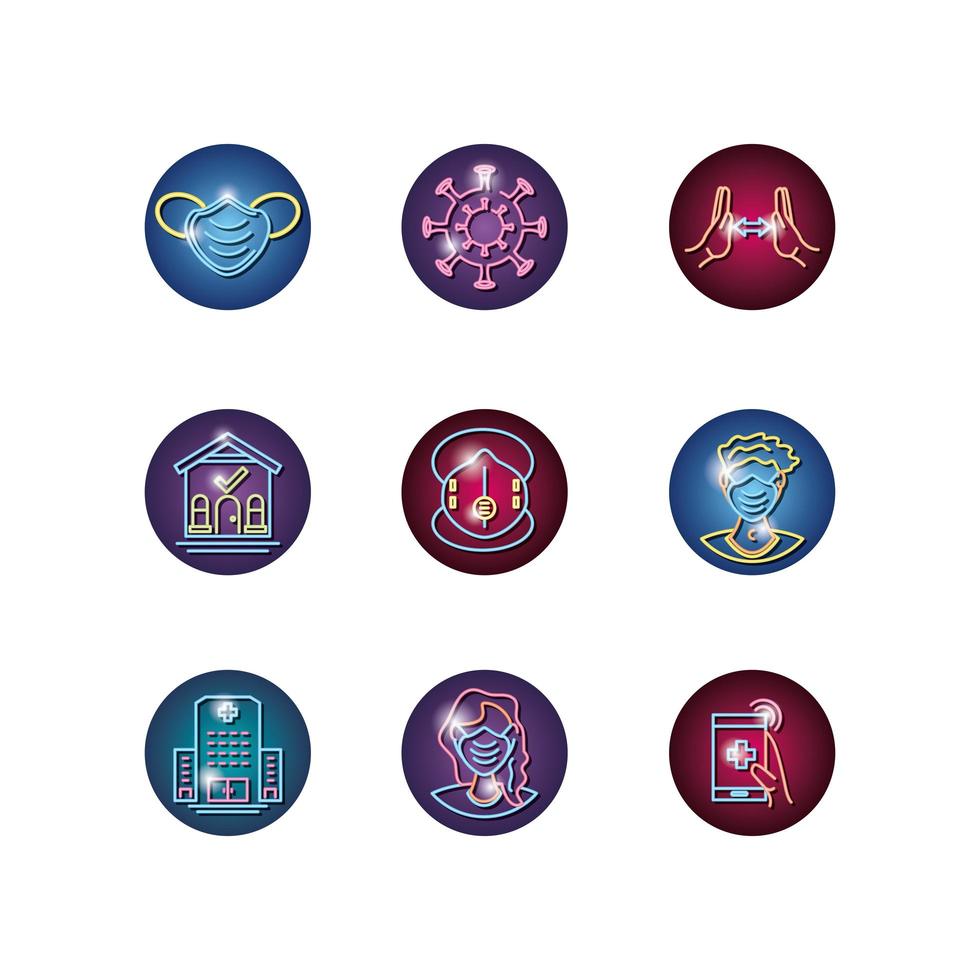 Set of neon light icons on coronavirus prevention vector