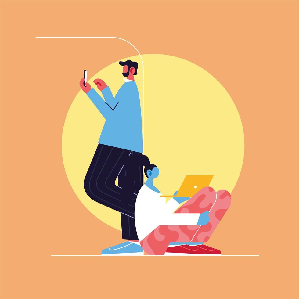 People with smartphone and laptop using social media vector