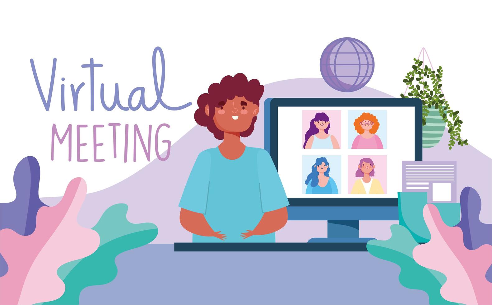 Virtual meeting of people from all over the world banner template vector