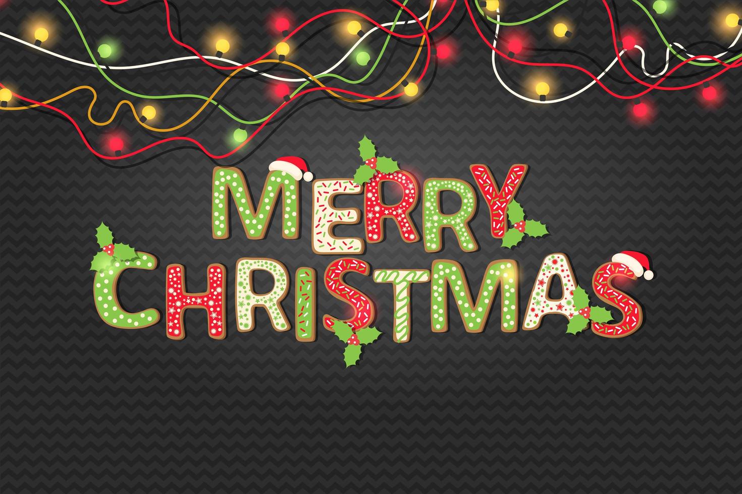 Merry Christmas cookie text and colorful lights vector