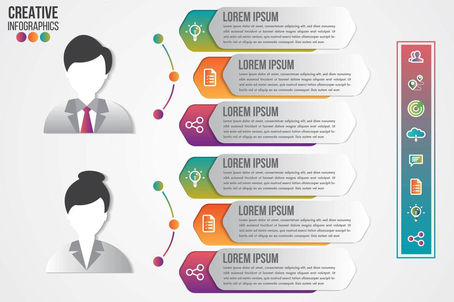 Infographic with 6 label steps and man and woman avatars vector
