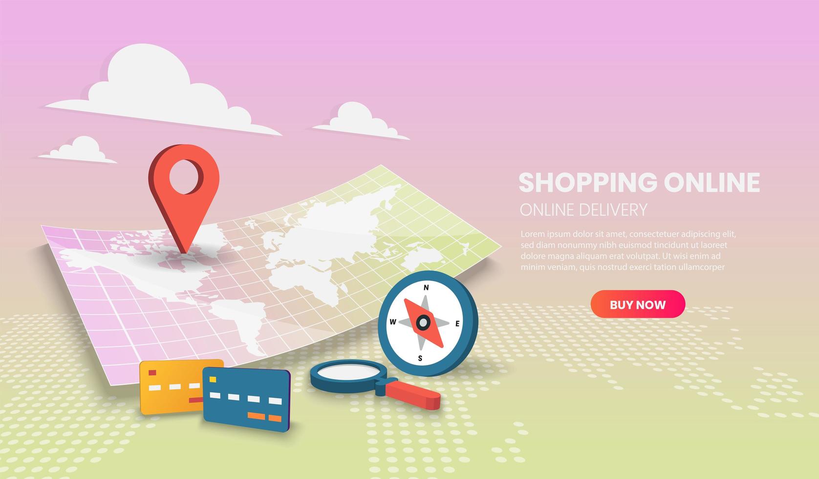 Shopping online concept with world map and compass vector