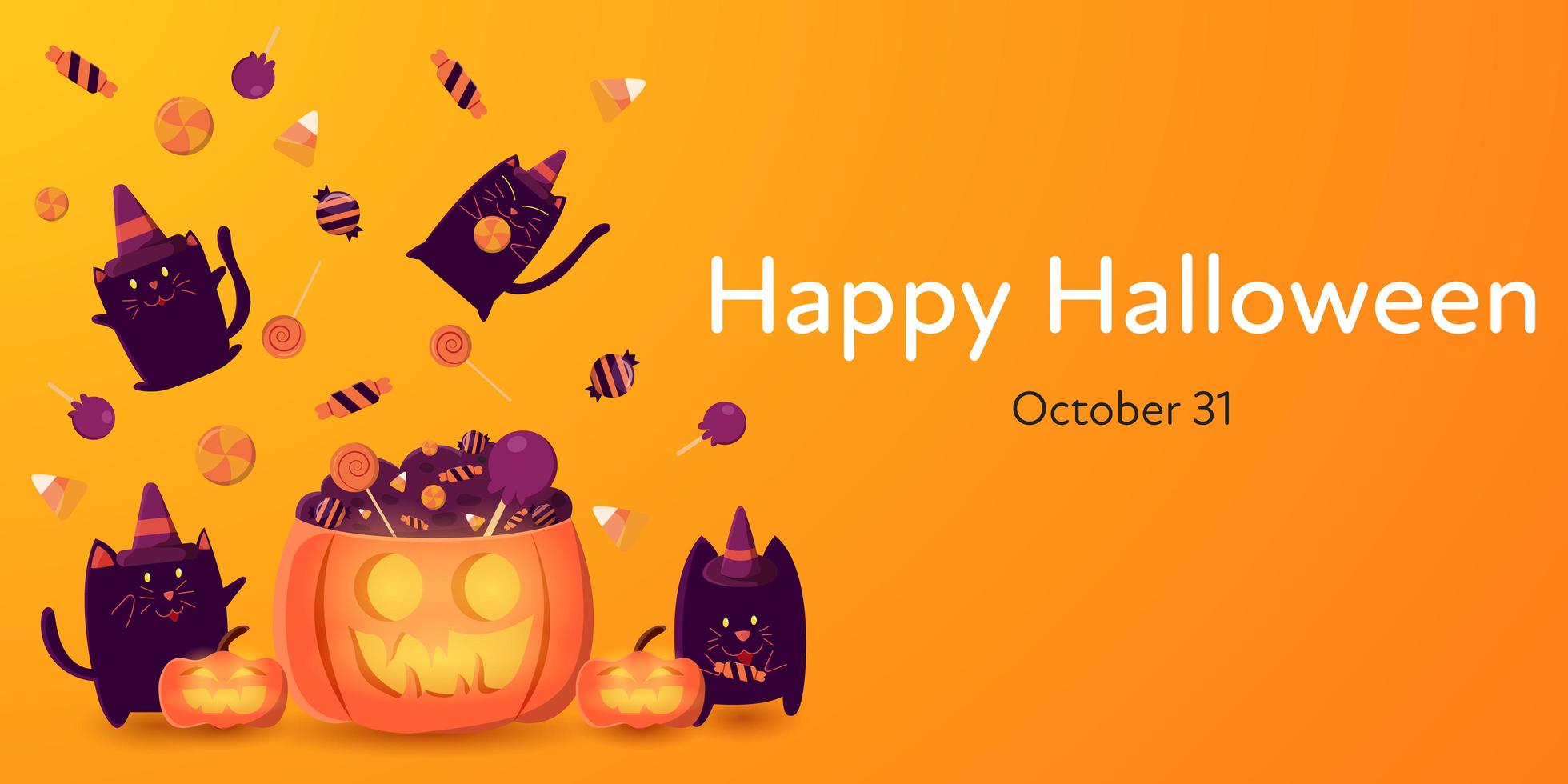 Halloween banner with black cats enjoying candies vector