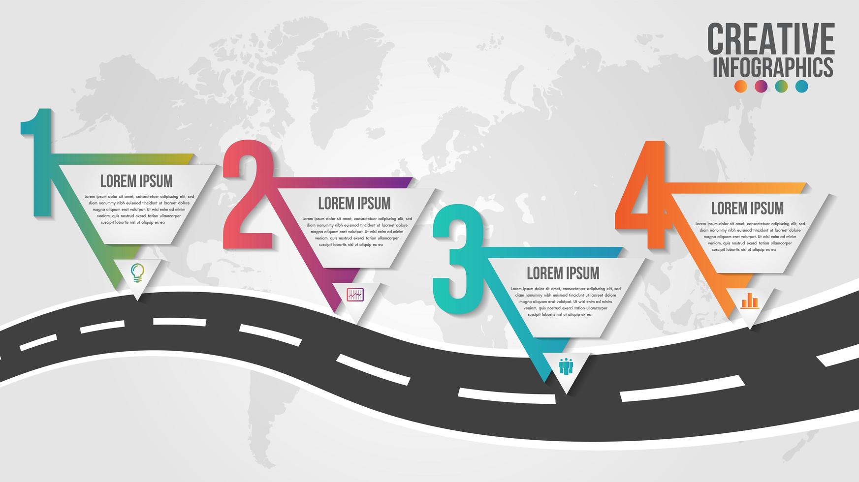 Triángulos de 4 pasos en la infografía de la carretera. vector