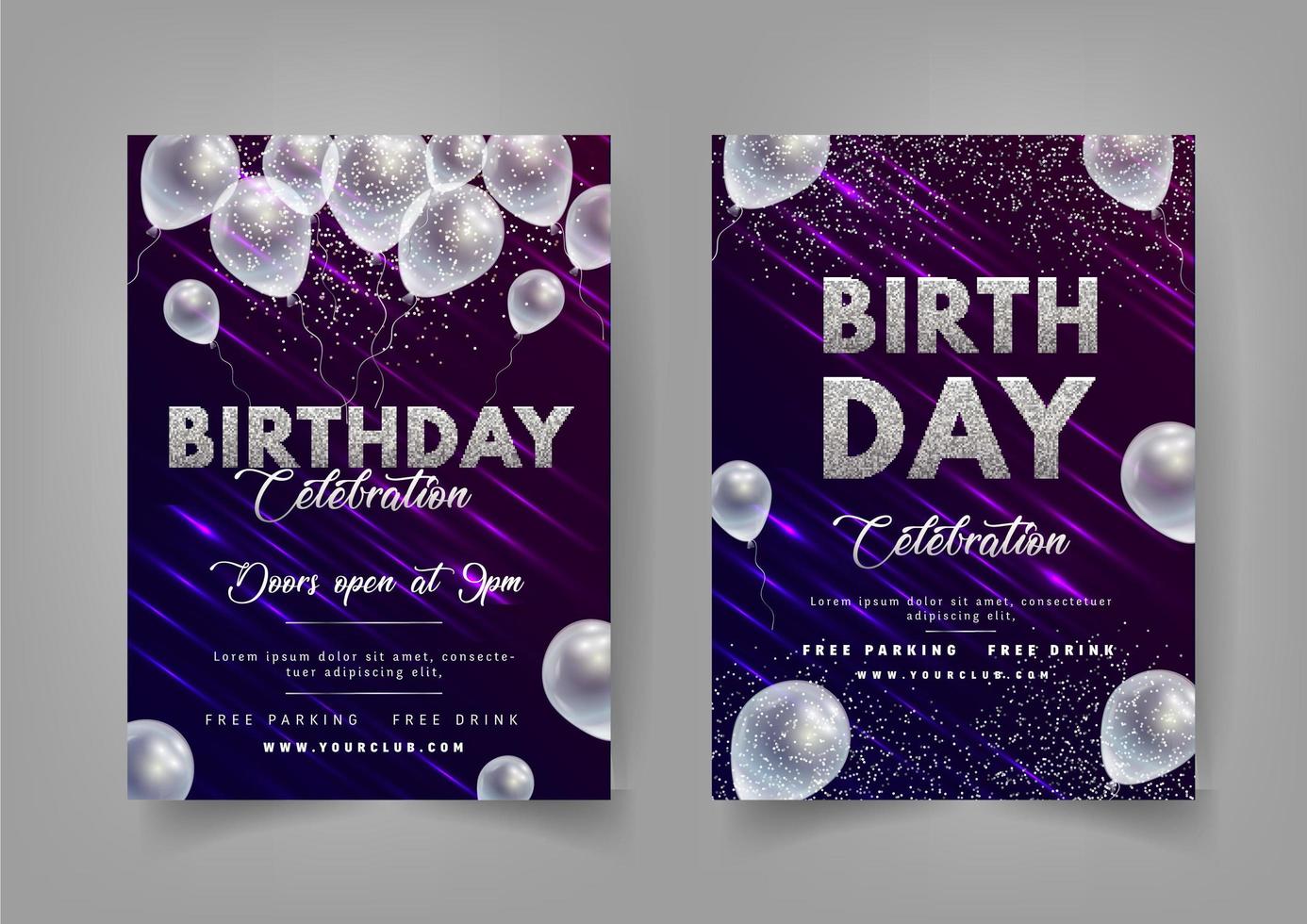 invitaciones de cumpleaños de luz púrpura brillante con globos transparentes vector