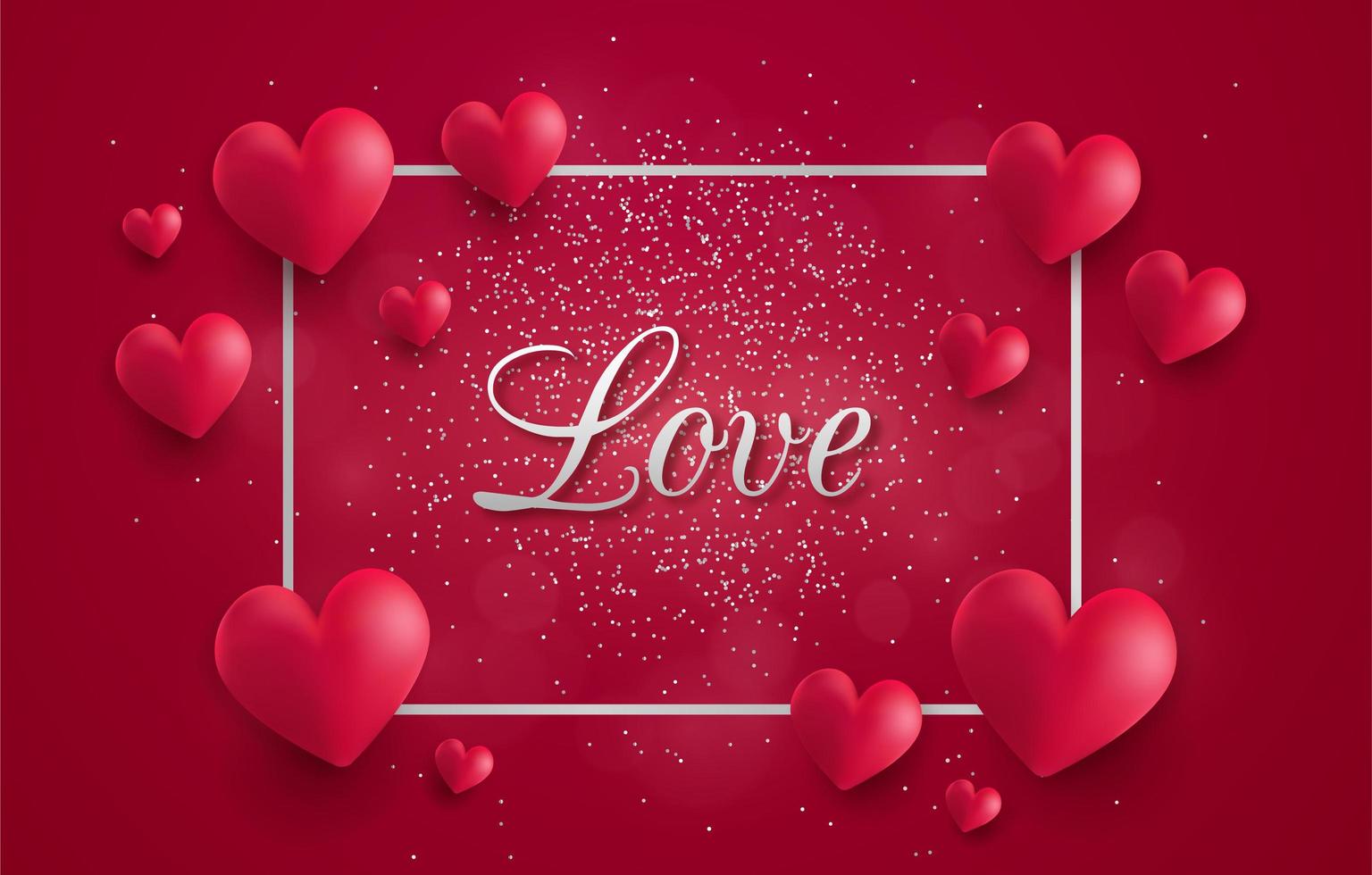 Love flyer with 3d hearts and sparkles in silver frame vector