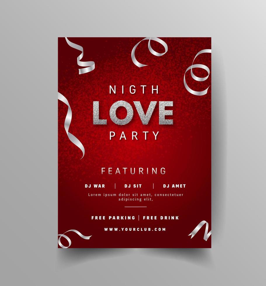 Love party flyer with silver confetti on red vector