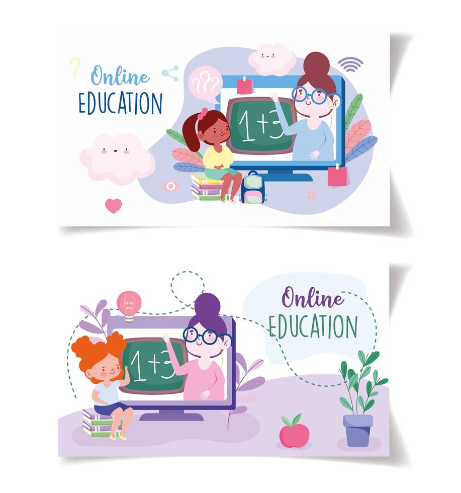Teachers and girls studying via electronic devices vector