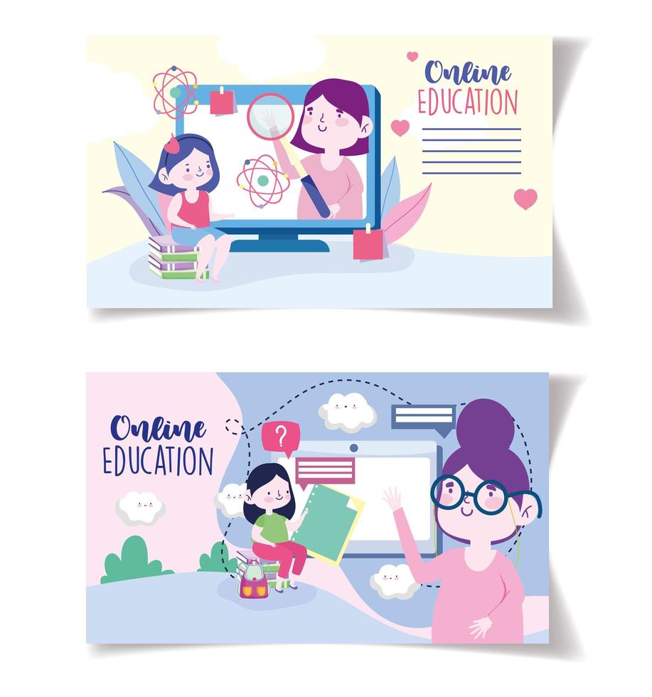 Online education cards with teachers and students with devices vector