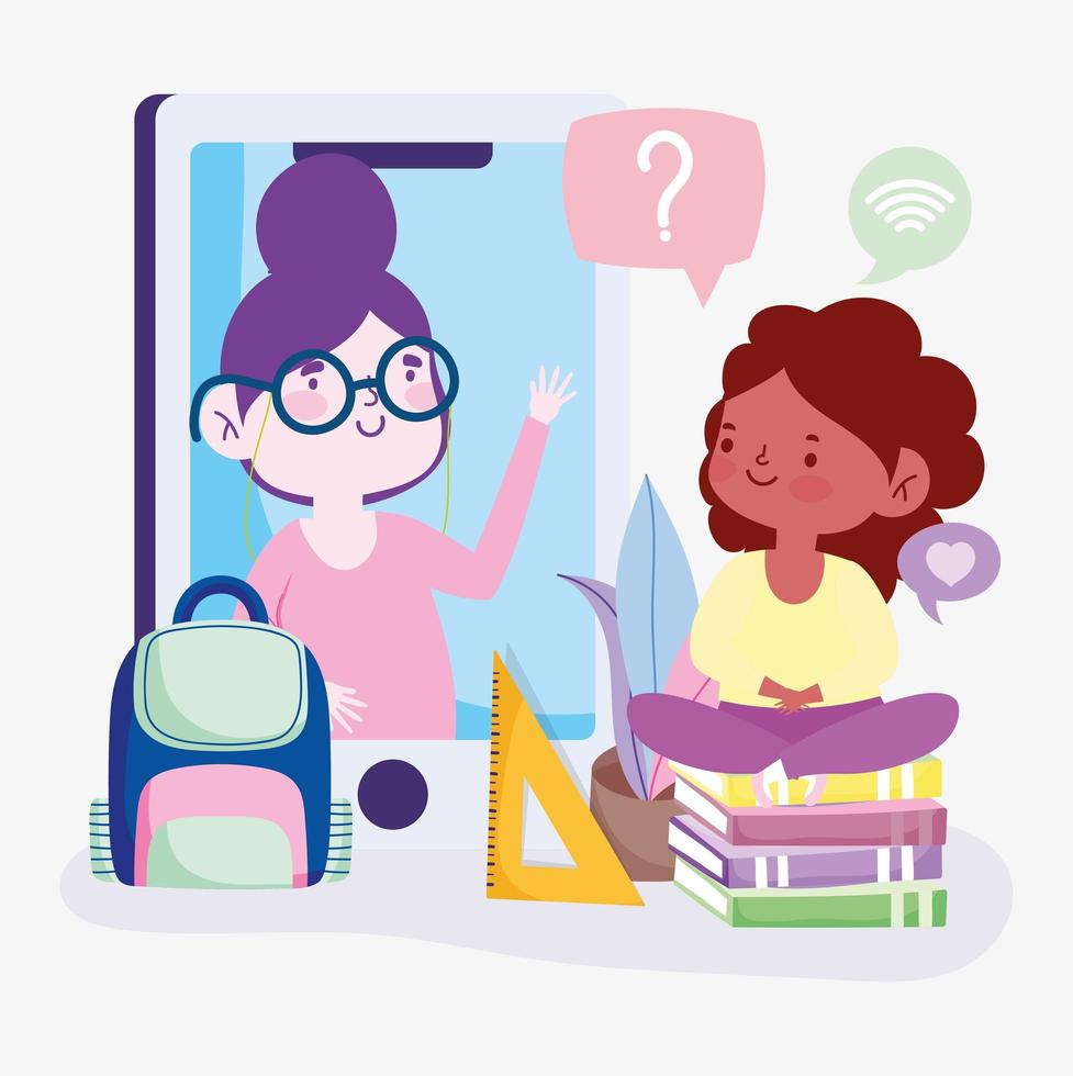 Teacher and student girl on smartphone online education vector