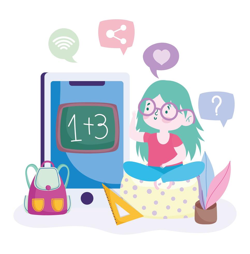 Young girl studying math on the smartphone vector