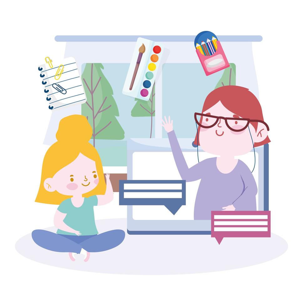 Online education with girl talking to the teacher on the computer vector