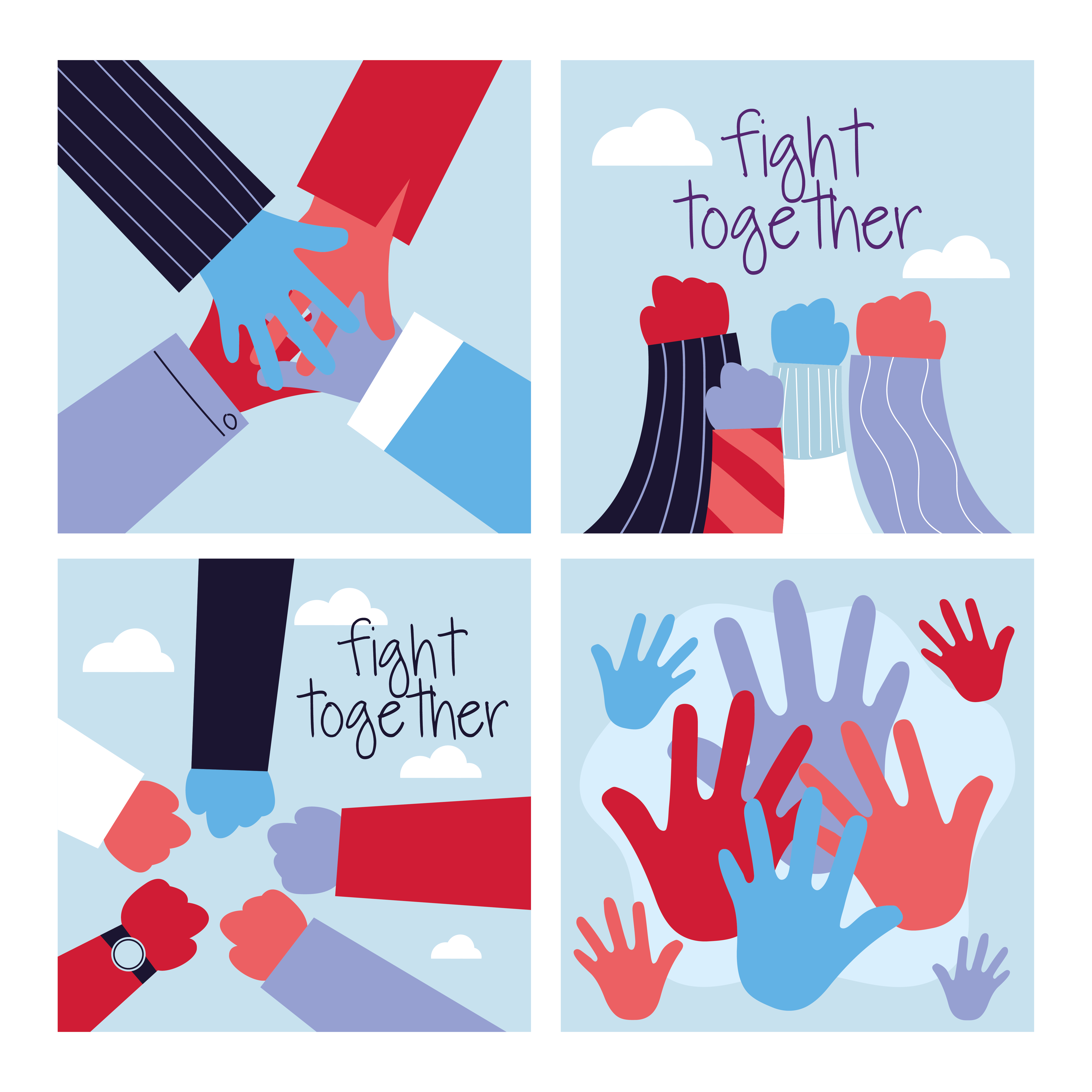 Set of raised fists and hands for fighting together 1249329 Vector Art