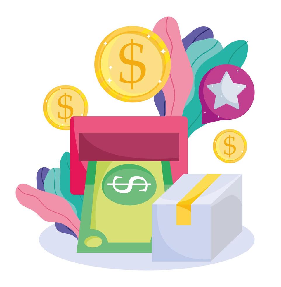 Cash withdraw, dollar coins and package icon vector