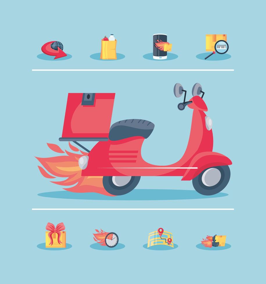 conjunto de iconos de entrega rápida y motocicleta vector