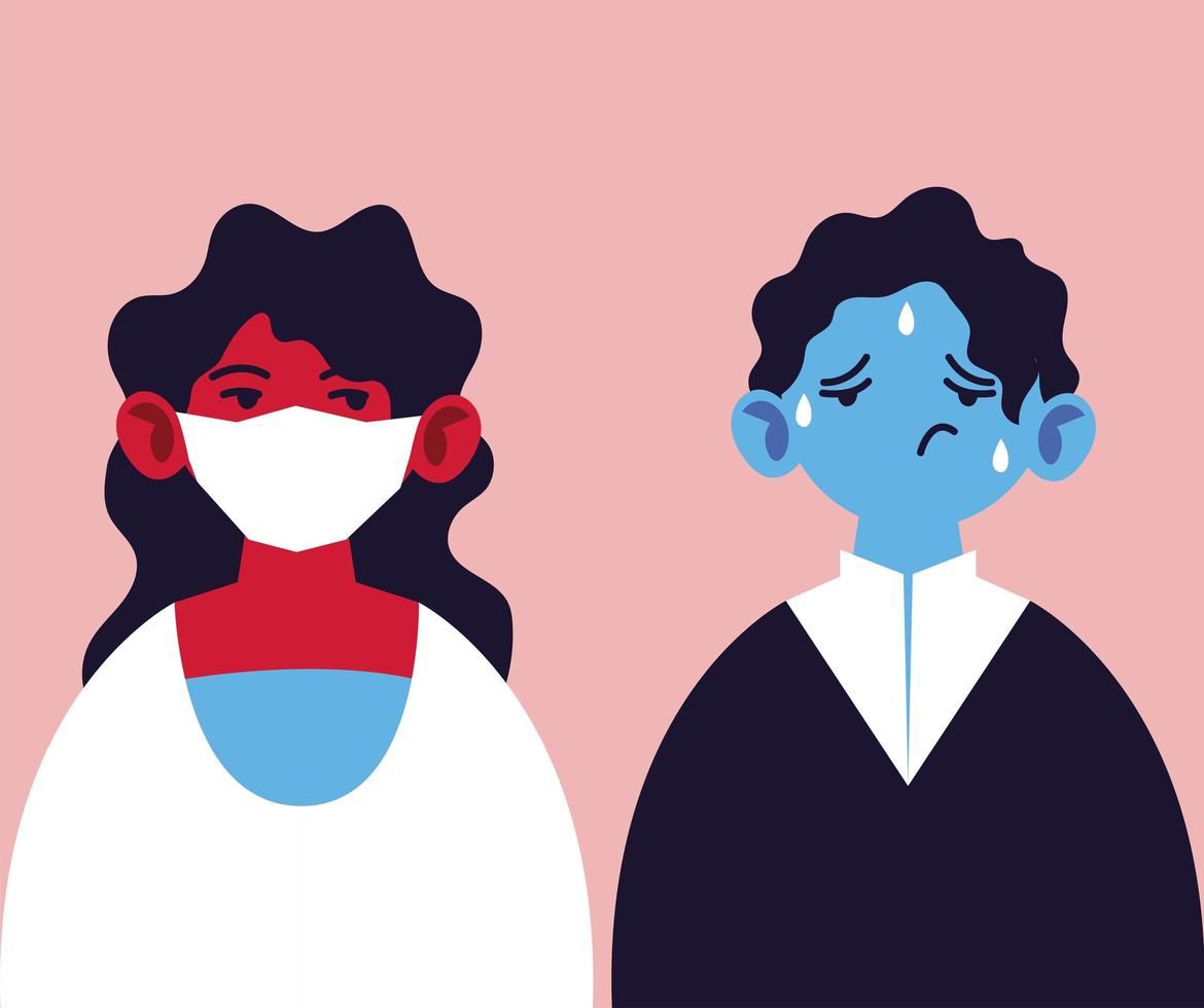 dos personas con mascarilla médica y fiebre. vector