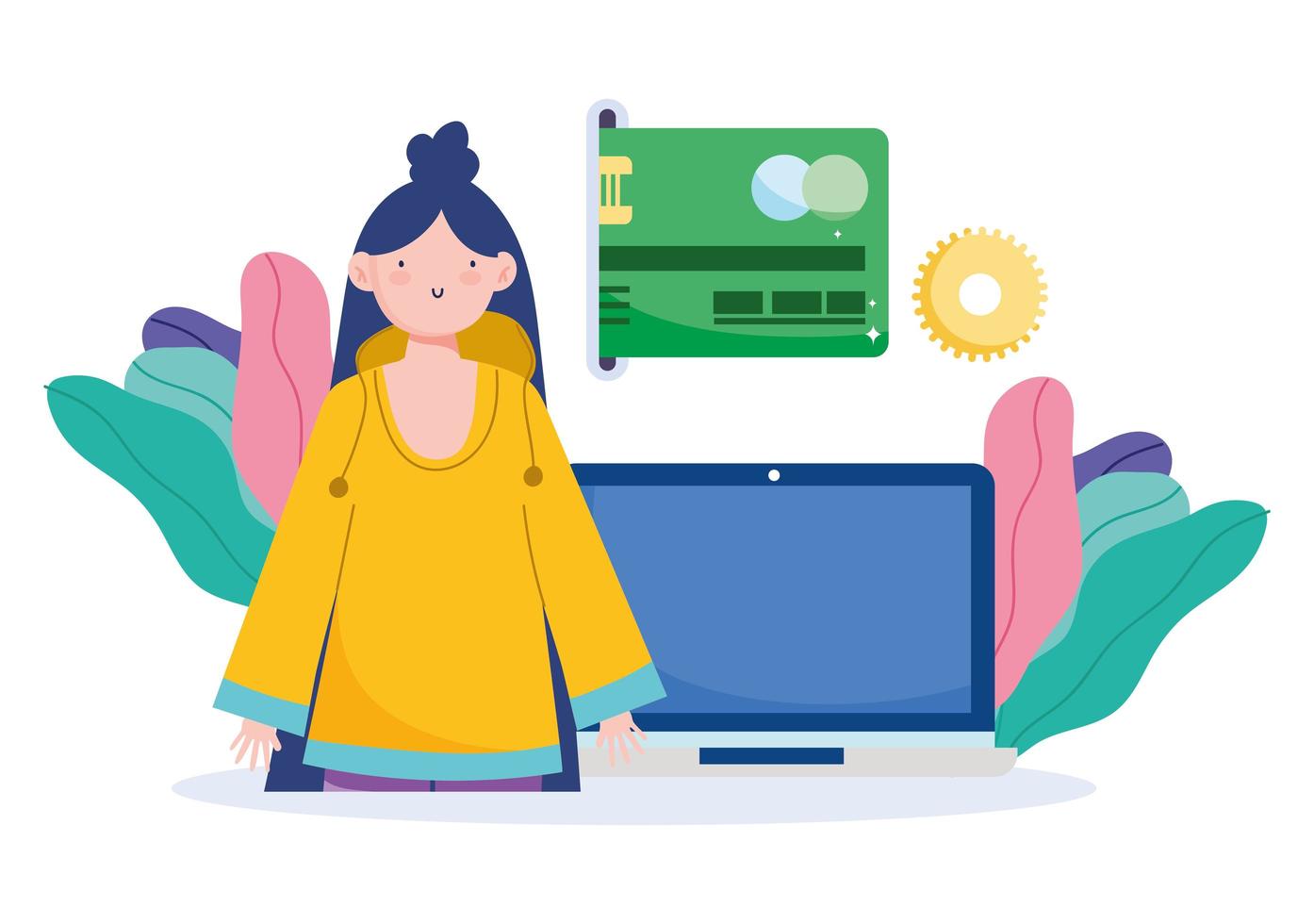Woman with laptop and credit card online payment vector