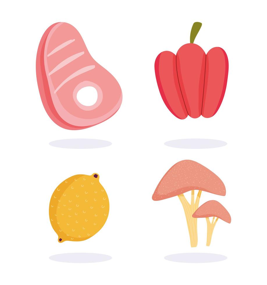 Meat, fruits and veggies icon set vector