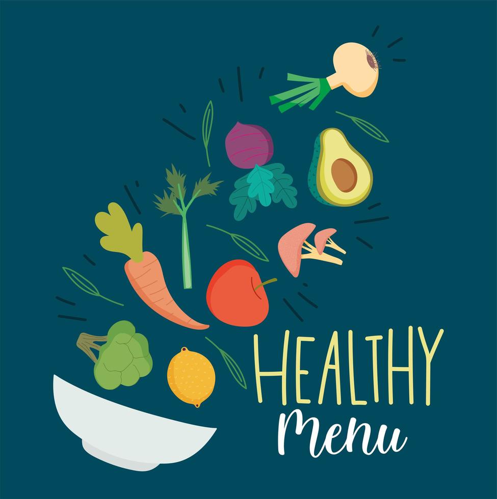 Healthy menu lettering with produce falling in a bowl vector