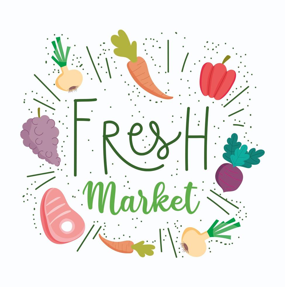 Fresh market lettering with produce icons vector