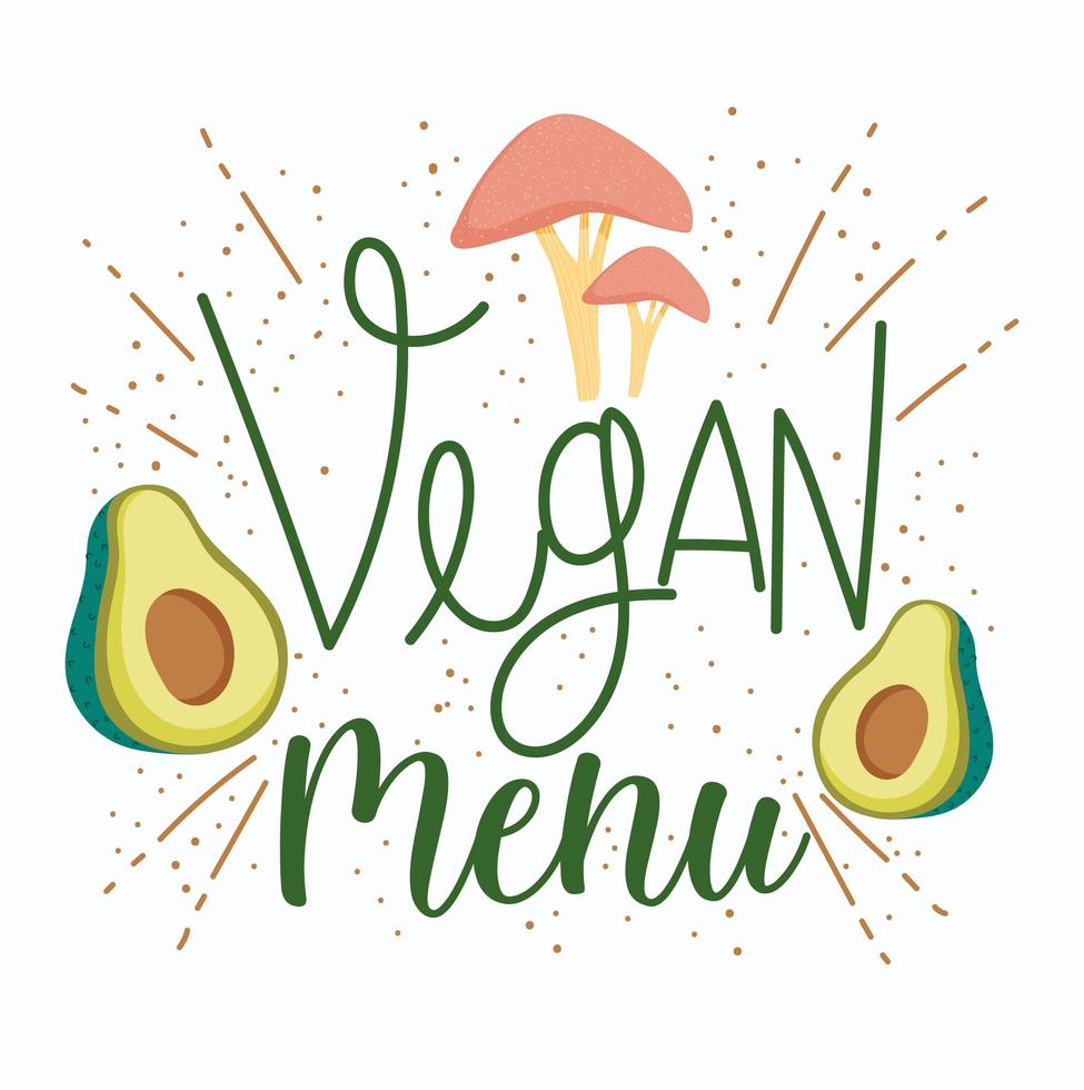 Diseño de menú vegano con aguacate y champiñones. vector