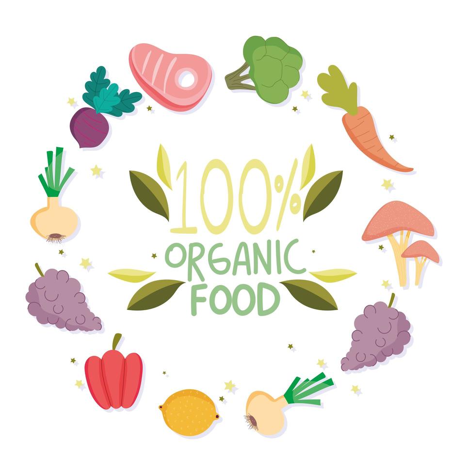 Guaranteed organic food lettering and produce icons vector