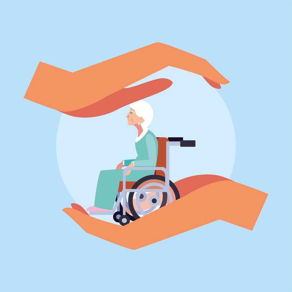 Hands holding old woman in a wheelchair vector