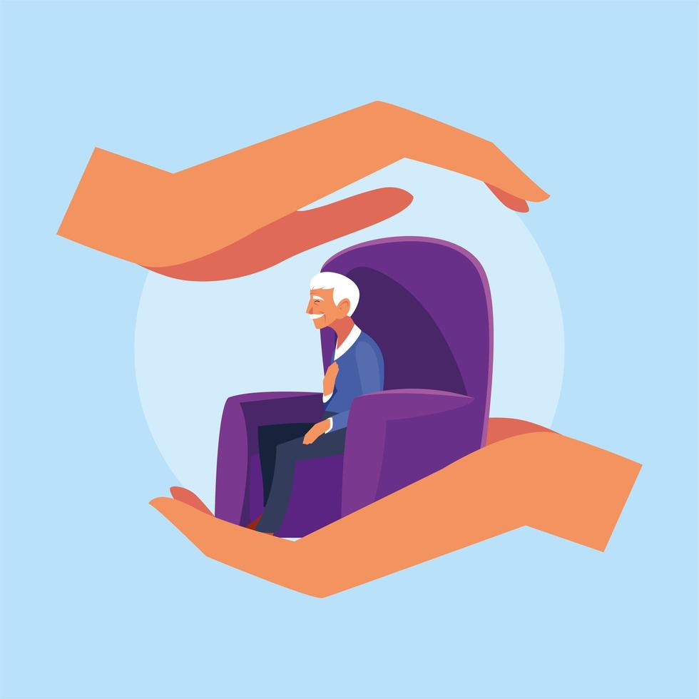 Hands holding old man sitting on the sofa vector