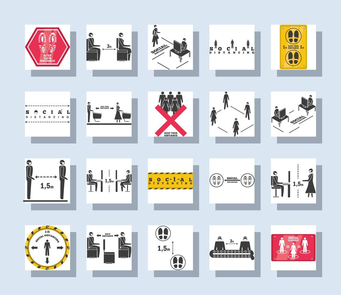 Set of square icons of social distancing vector