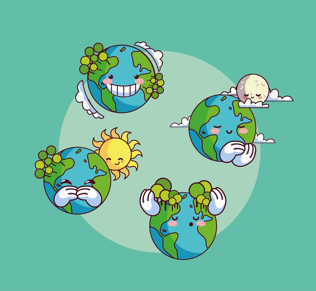 Set of icons of smiling kawaii planet earth  vector