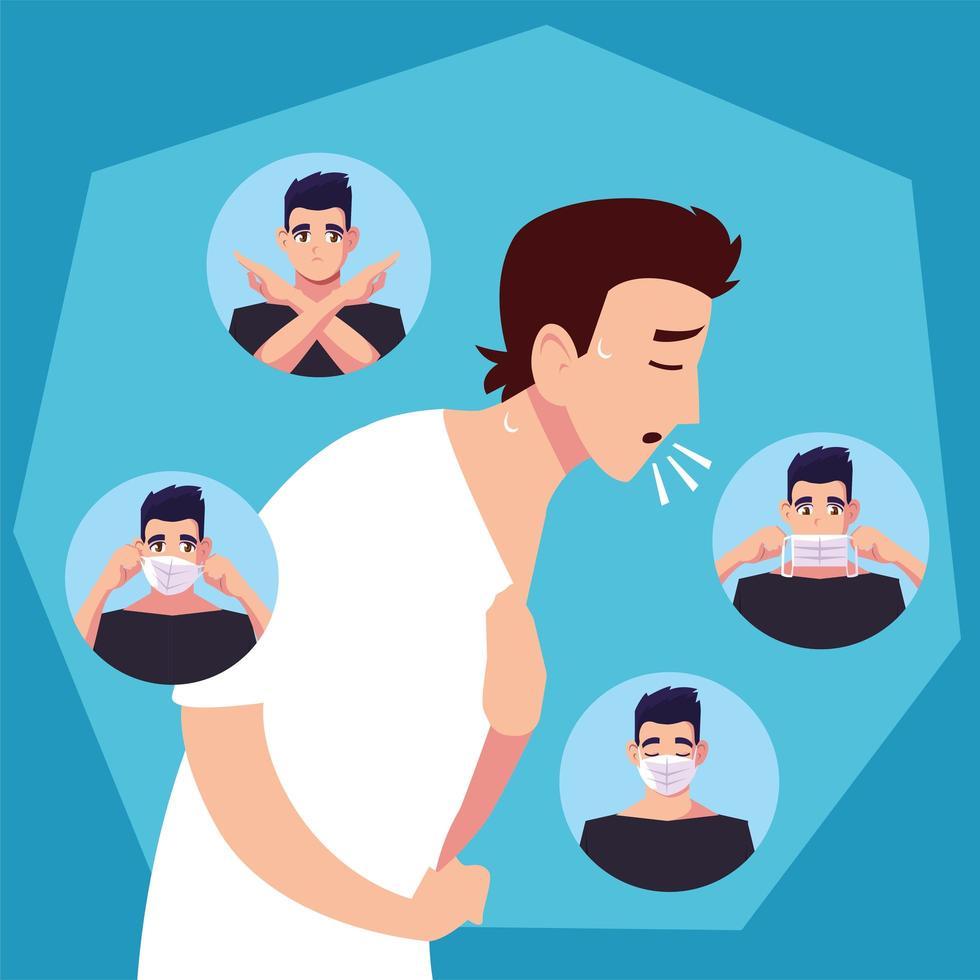 Man coughing and medical mask icons vector